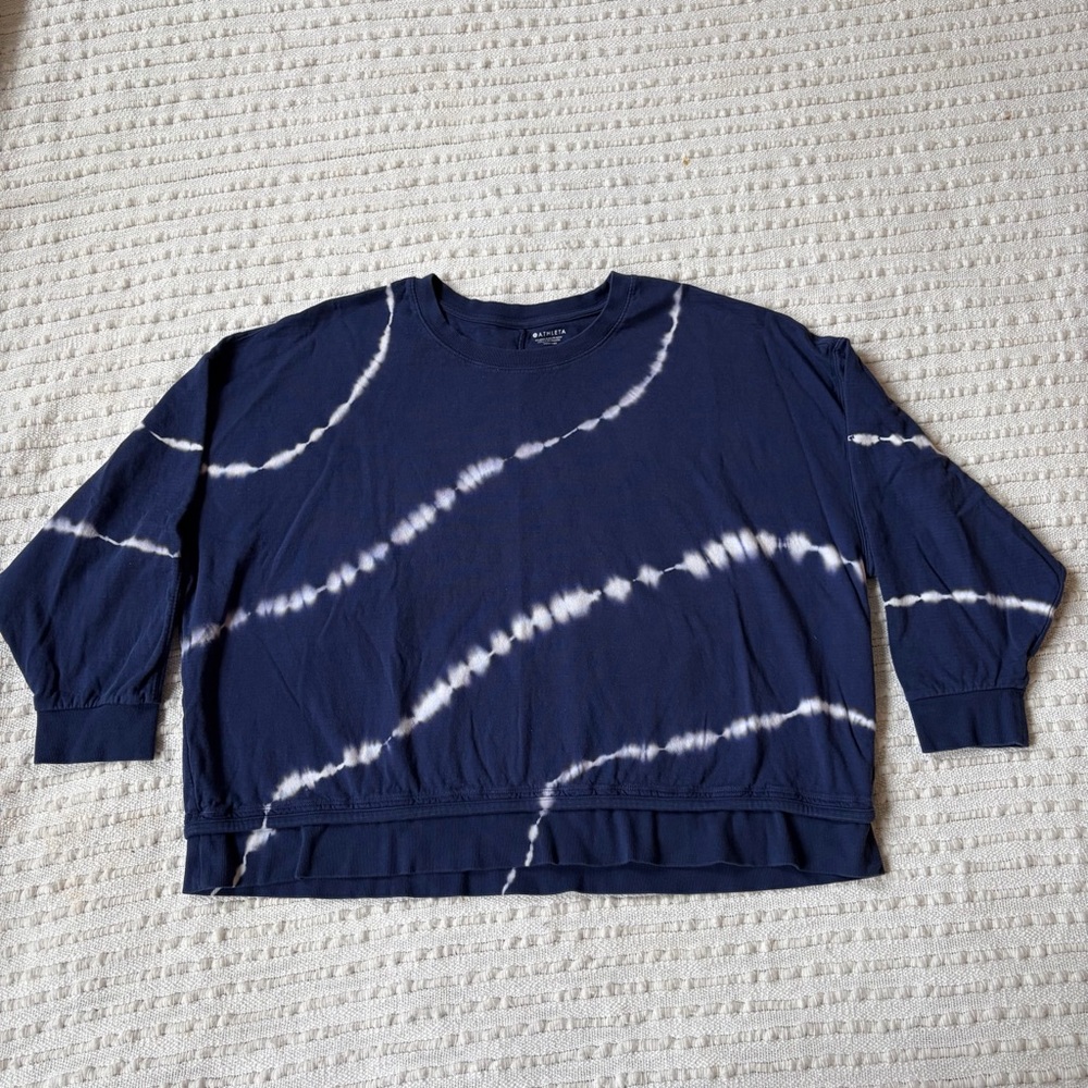 Athleta Sundown Eclipse Sweater Lounge Navy White Tie Dye Crew Neck 2XL